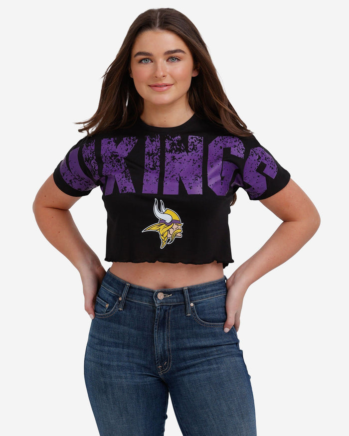 Minnesota Vikings Womens Distressed Wordmark Crop Top FOCO S - FOCO.com