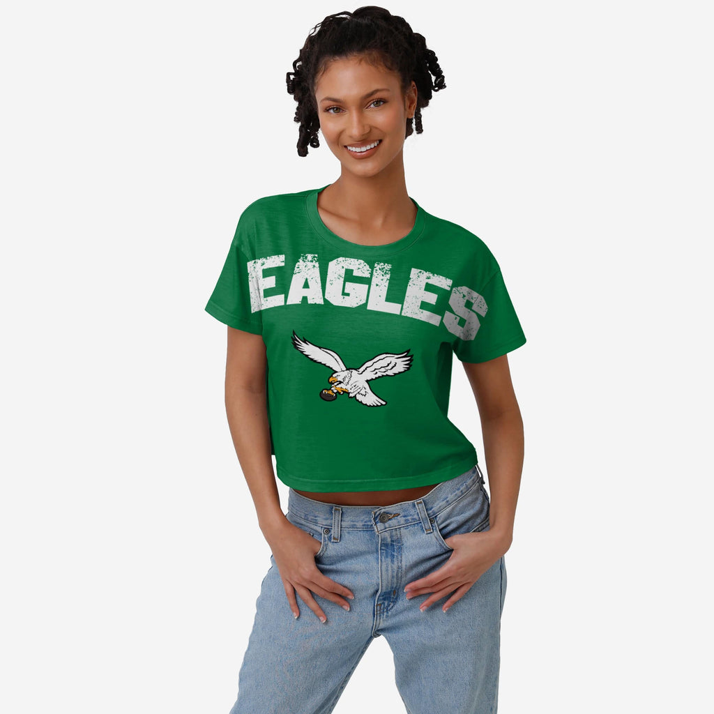 Philadelphia Eagles Kelly Green Womens Petite Distressed Wordmark Crop Top FOCO XS - FOCO.com