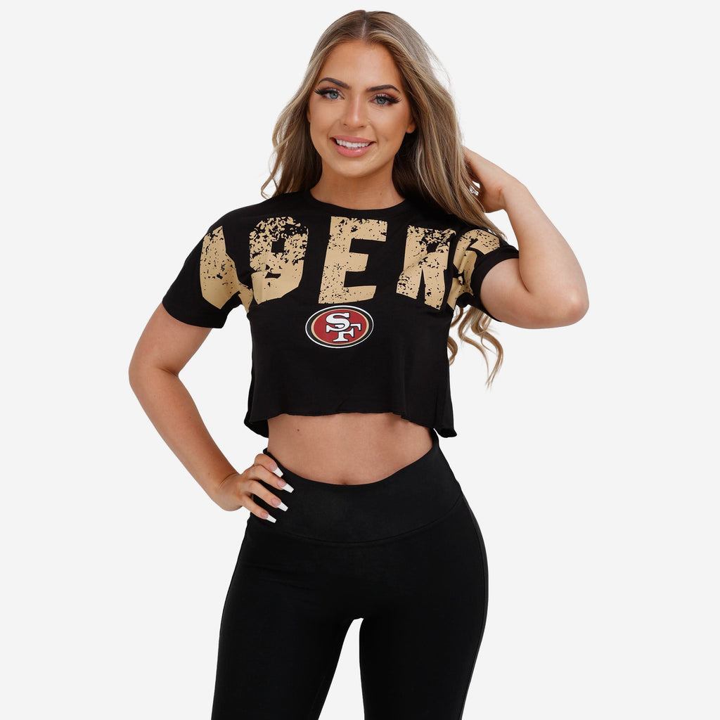 San Francisco 49ers Womens Distressed Wordmark Crop Top FOCO S - FOCO.com