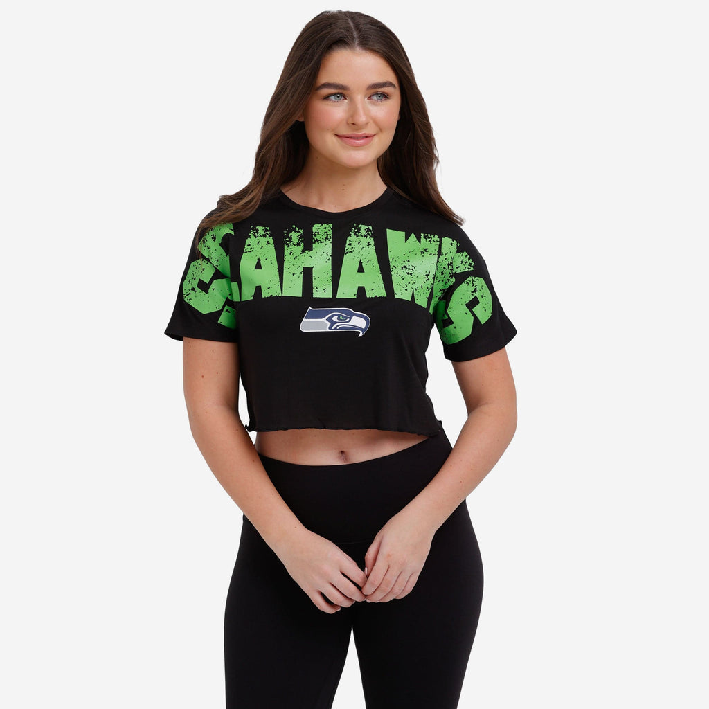 Seattle Seahawks Womens Distressed Wordmark Crop Top FOCO S - FOCO.com