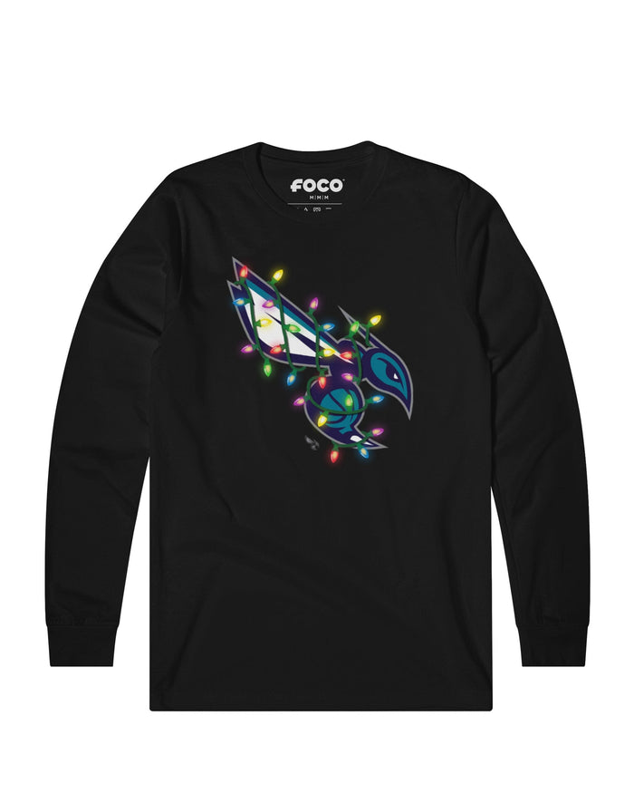 Charlotte Hornets Primary Logo Holiday Lights Long Sleeve T-Shirt