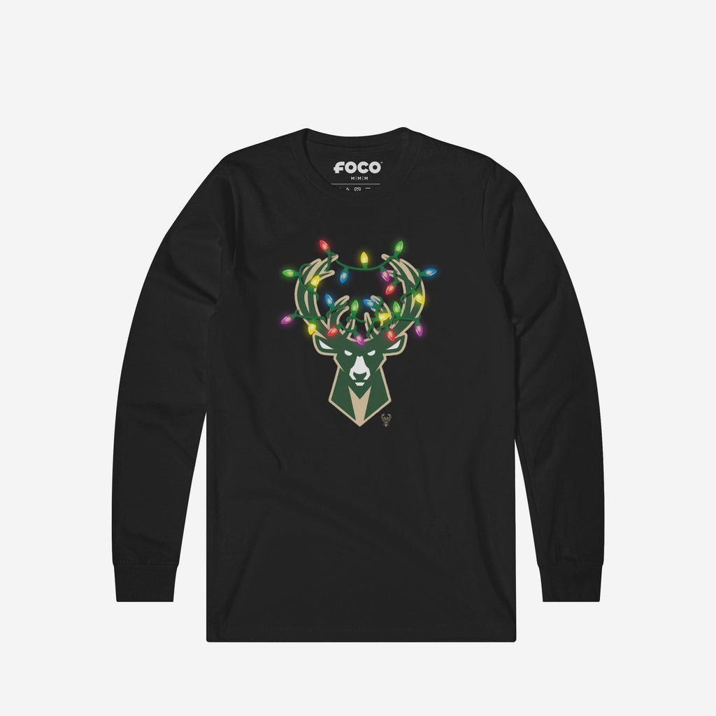 Milwaukee Bucks Primary Logo Holiday Lights Long Sleeve T-Shirt FOCO S - FOCO.com