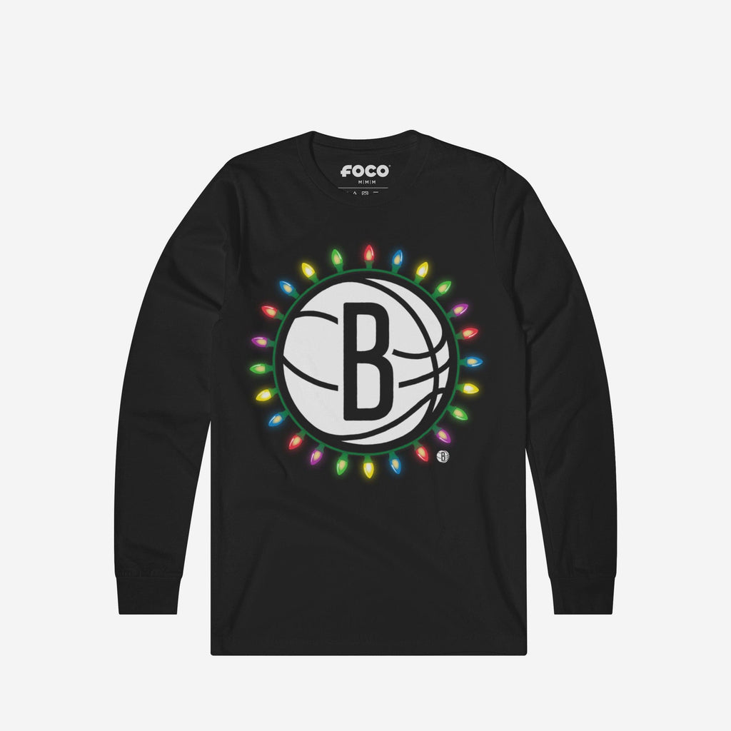 Brooklyn Nets Primary Logo Holiday Lights Long Sleeve T-Shirt FOCO S - FOCO.com