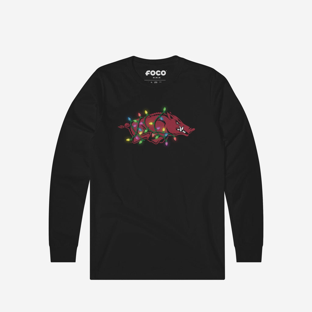 Arkansas Razorbacks Primary Logo Holiday Lights Long Sleeve T-Shirt FOCO S - FOCO.com