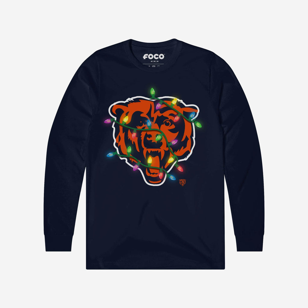 Chicago Bears Primary Logo Holiday Lights Long Sleeve T-Shirt FOCO Navy S - FOCO.com