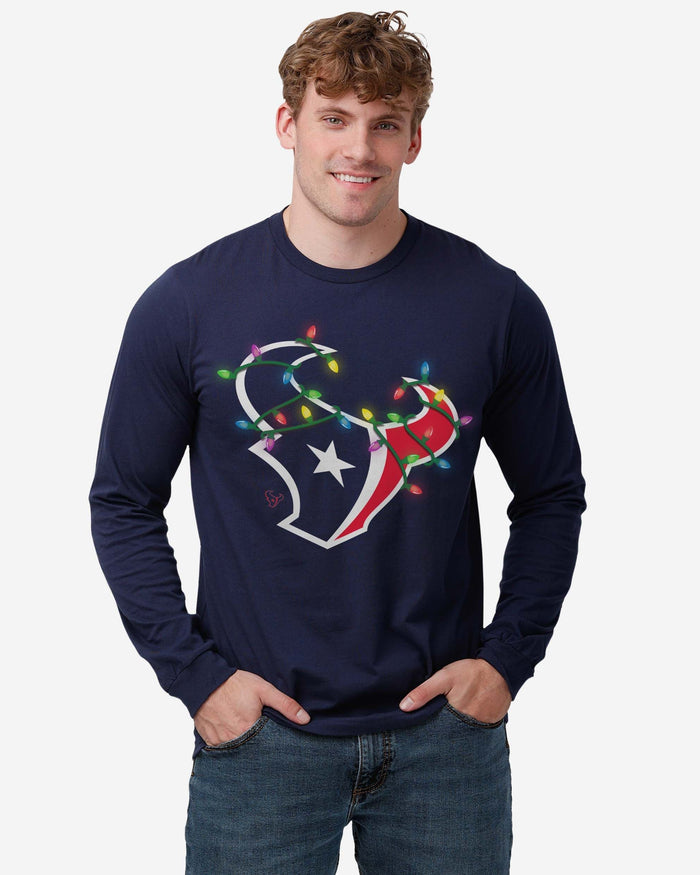 Houston Texans Primary Logo Holiday Lights Long Sleeve T-Shirt