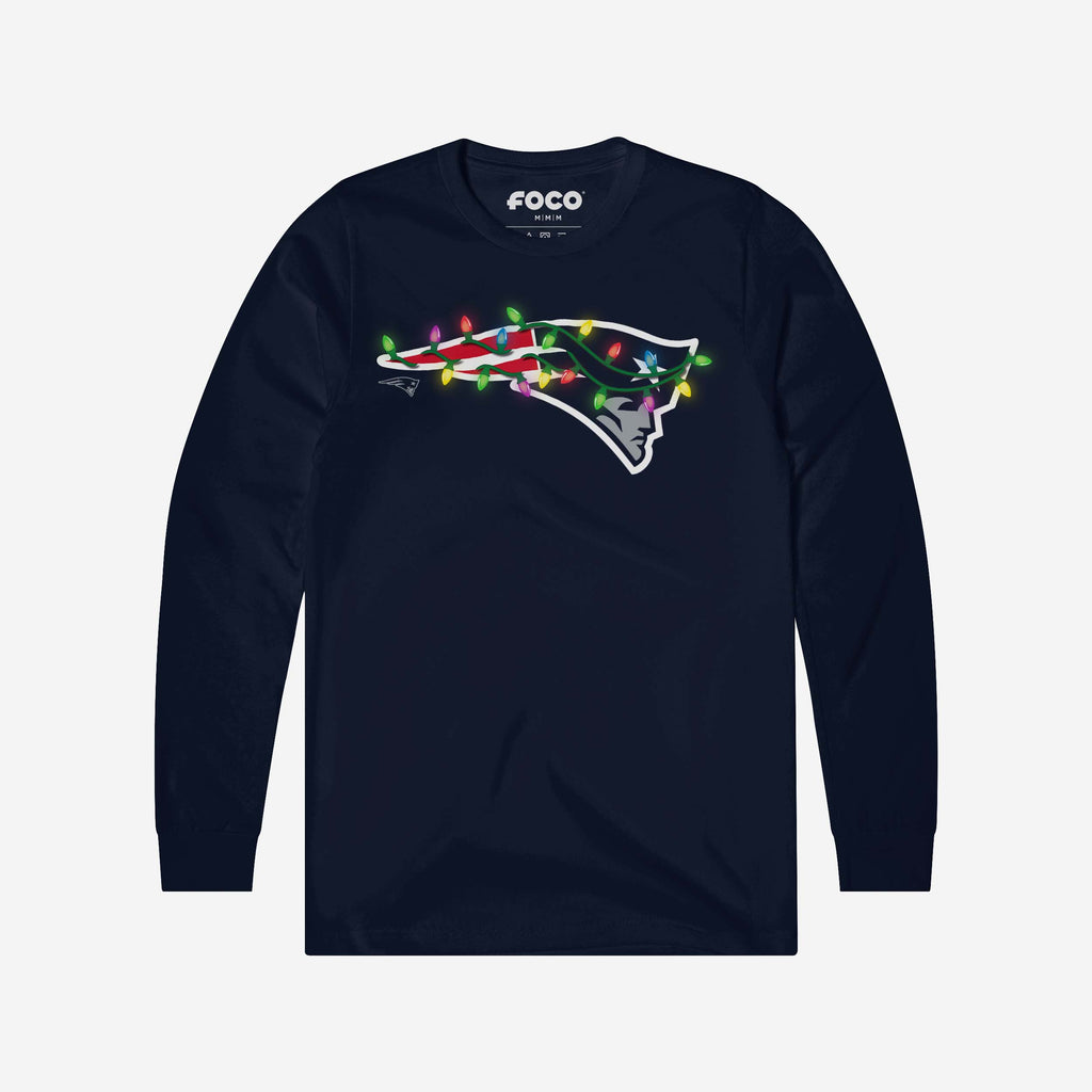 New England Patriots Primary Logo Holiday Lights Long Sleeve T-Shirt FOCO Navy S - FOCO.com