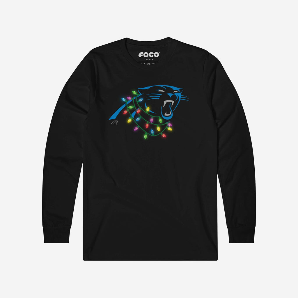 Carolina Panthers Primary Logo Holiday Lights Long Sleeve T-Shirt FOCO S - FOCO.com