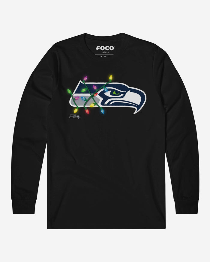 Seattle Seahawks Primary Logo Holiday Lights Long Sleeve T-Shirt