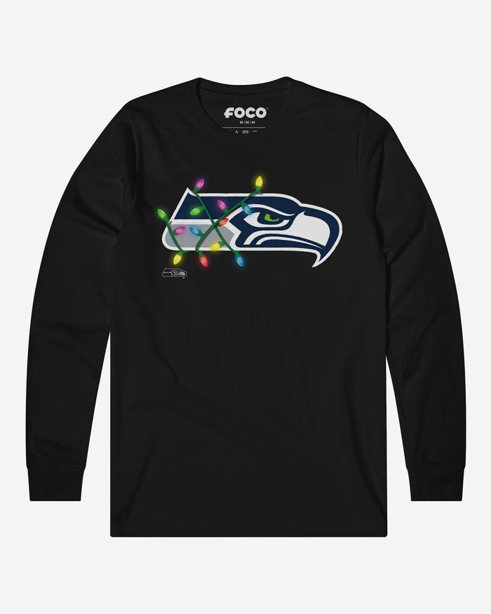 Seattle Seahawks Primary Logo Holiday Lights Long Sleeve T-Shirt FOCO S - FOCO.com