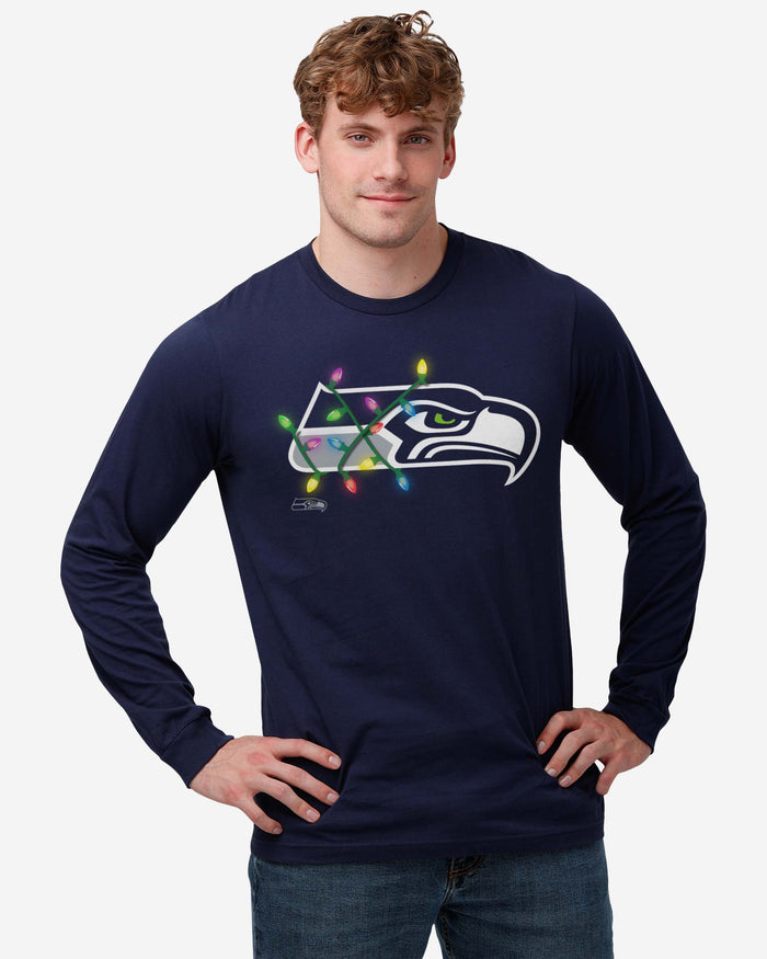 Seattle Seahawks Primary Logo Holiday Lights Long Sleeve T-Shirt