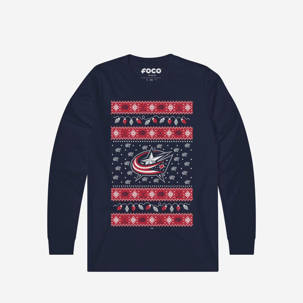 Columbus Blue Jackets Holiday Lights Sweater Long Sleeve T-Shirt FOCO S - FOCO.com