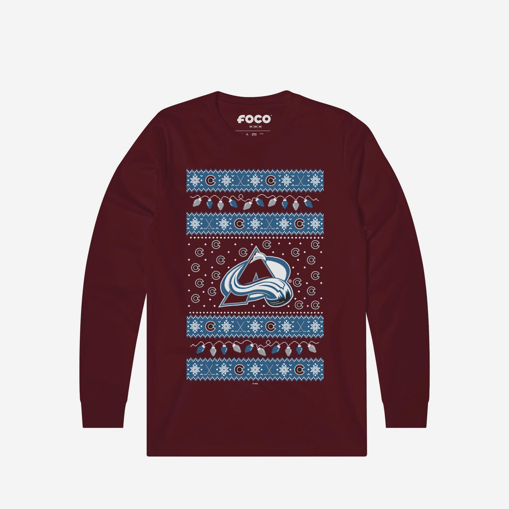 Colorado Avalanche Holiday Lights Sweater Long Sleeve T-Shirt FOCO S - FOCO.com