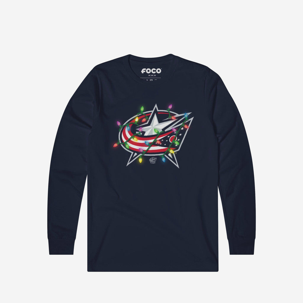 Columbus Blue Jackets Primary Logo Holiday Lights Long Sleeve T-Shirt FOCO S - FOCO.com
