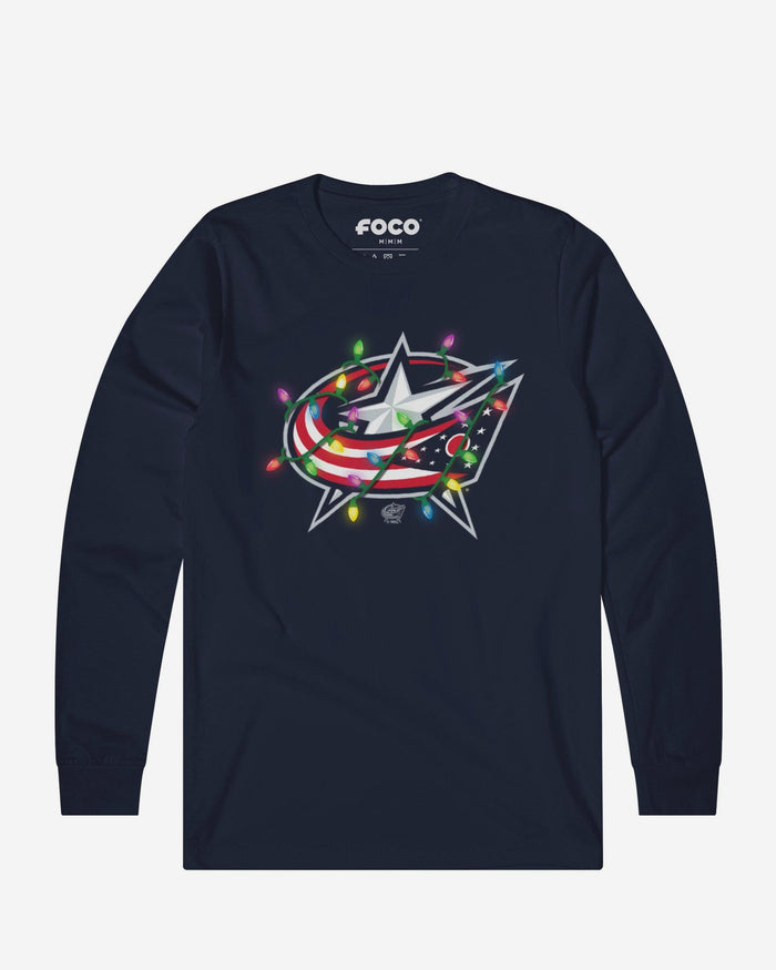 Columbus Blue Jackets Primary Logo Holiday Lights Long Sleeve T-Shirt FOCO S - FOCO.com