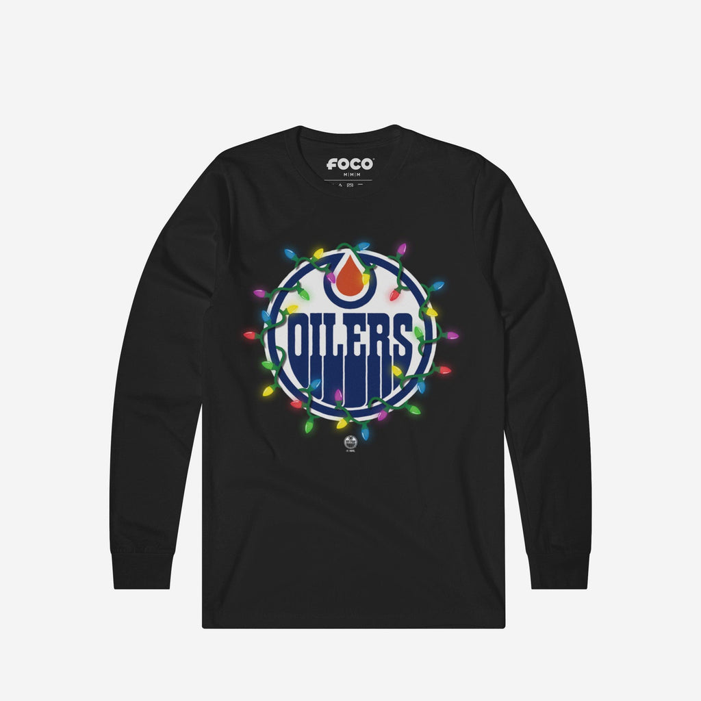 Edmonton Oilers Primary Logo Holiday Lights Long Sleeve T-Shirt FOCO S - FOCO.com