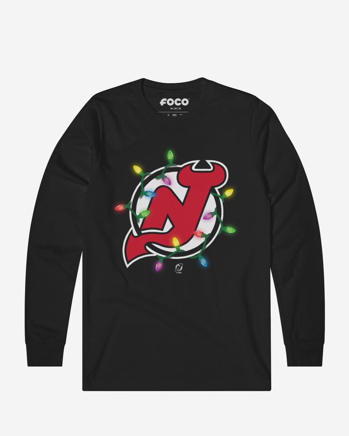 New Jersey Devils Primary Logo Holiday Lights Long Sleeve T-Shirt FOCO S - FOCO.com