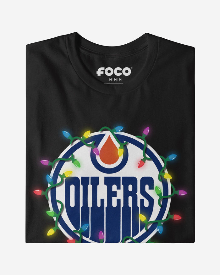 Edmonton Oilers Primary Logo Holiday Lights T-Shirt FOCO S - FOCO.com