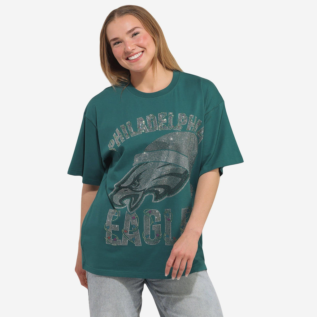 Philadelphia Eagles Womens Rhinestone Logo Oversized Holiday T-Shirt FOCO S - FOCO.com