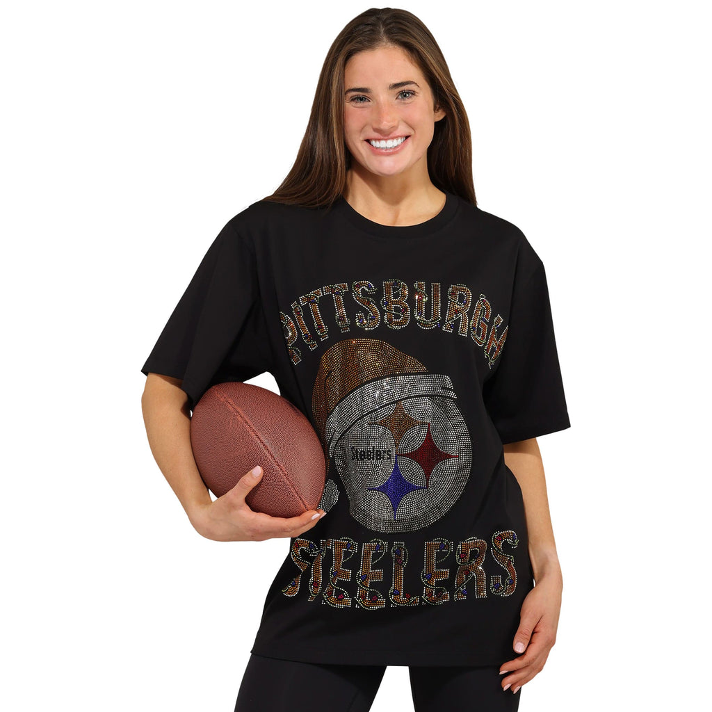 Pittsburgh Steelers Womens Rhinestone Logo Oversized Holiday T-Shirt