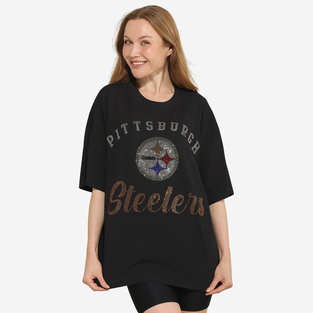 Pittsburgh Steelers Womens Rhinestone Logo Oversized T-Shirt FOCO S - FOCO.com