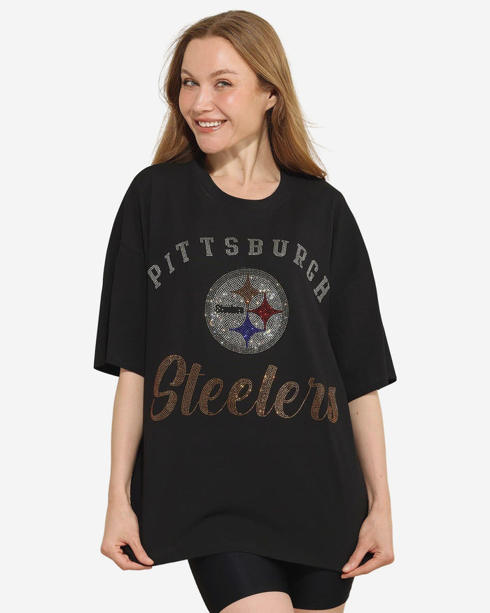 Pittsburgh Steelers Womens Rhinestone Logo Oversized T-Shirt FOCO S - FOCO.com