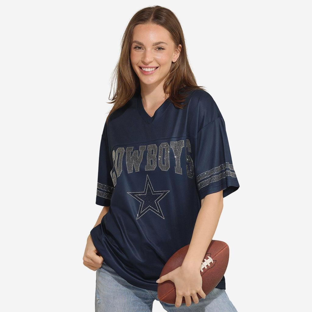 Dallas Cowboys Womens Rhinestone Logo Oversized V-Neck Mesh T-Shirt FOCO S - FOCO.com