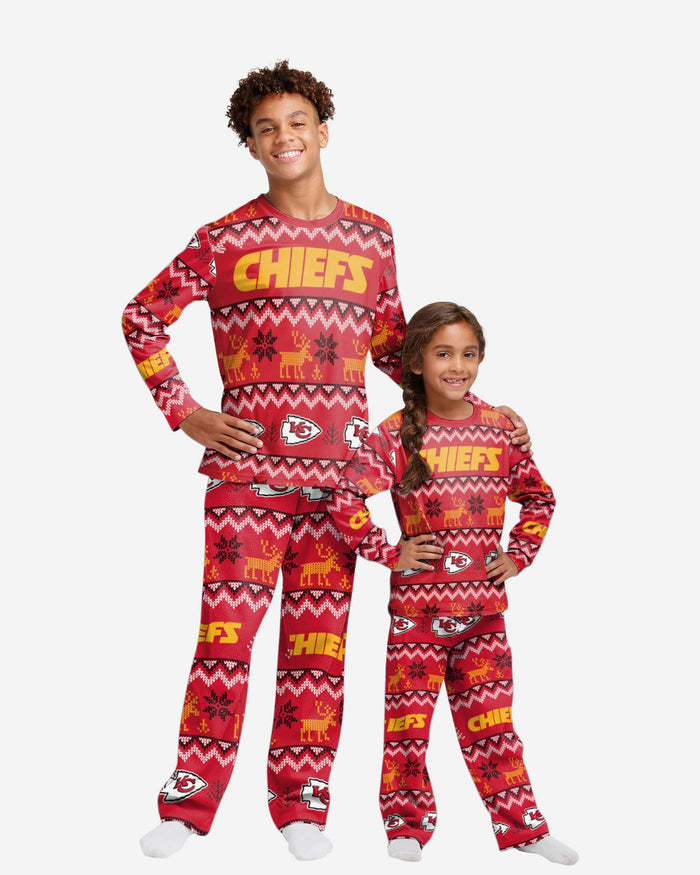 Kansas City Chiefs Youth Ugly Pattern Family Holiday Pajamas FOCO 4 - FOCO.com