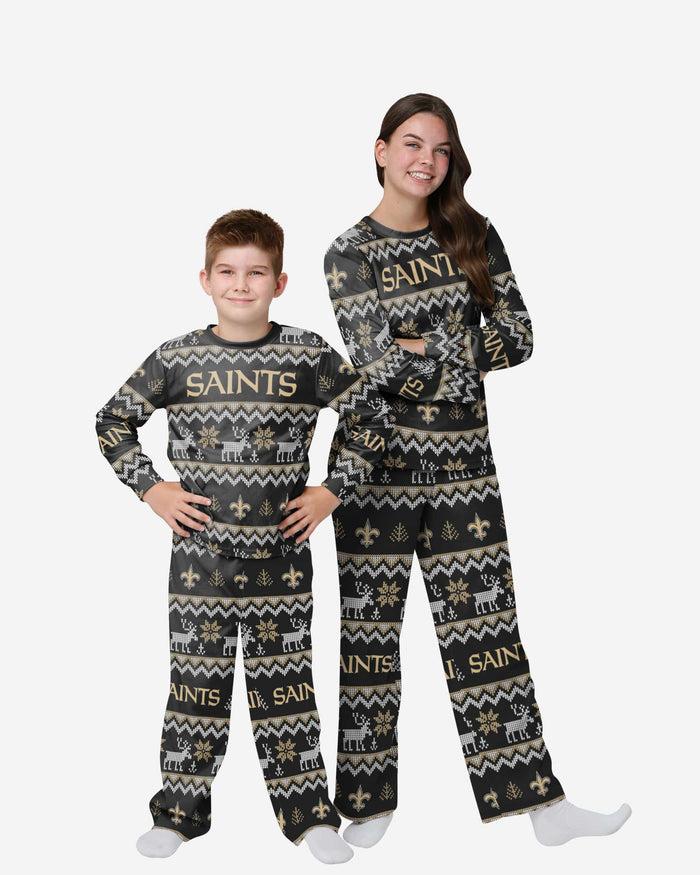 New Orleans Saints Youth Ugly Pattern Family Holiday Pajamas FOCO 4 - FOCO.com