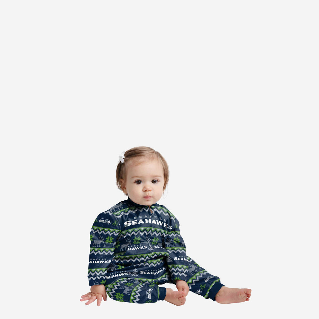 Seattle Seahawks Infant Ugly Pattern Family Holiday Pajamas FOCO 12 mo - FOCO.com