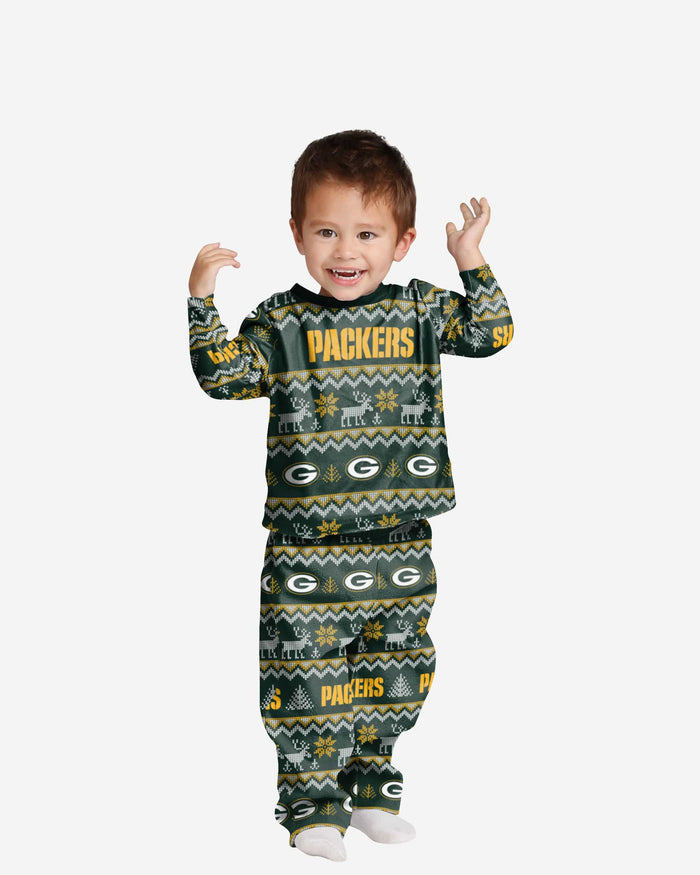 Green Bay Packers Toddler Ugly Pattern Family Holiday Pajamas FOCO 2T - FOCO.com