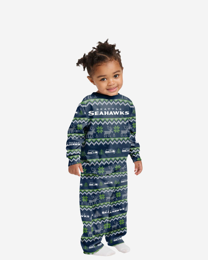 Seattle Seahawks Toddler Ugly Pattern Family Holiday Pajamas FOCO 2T - FOCO.com