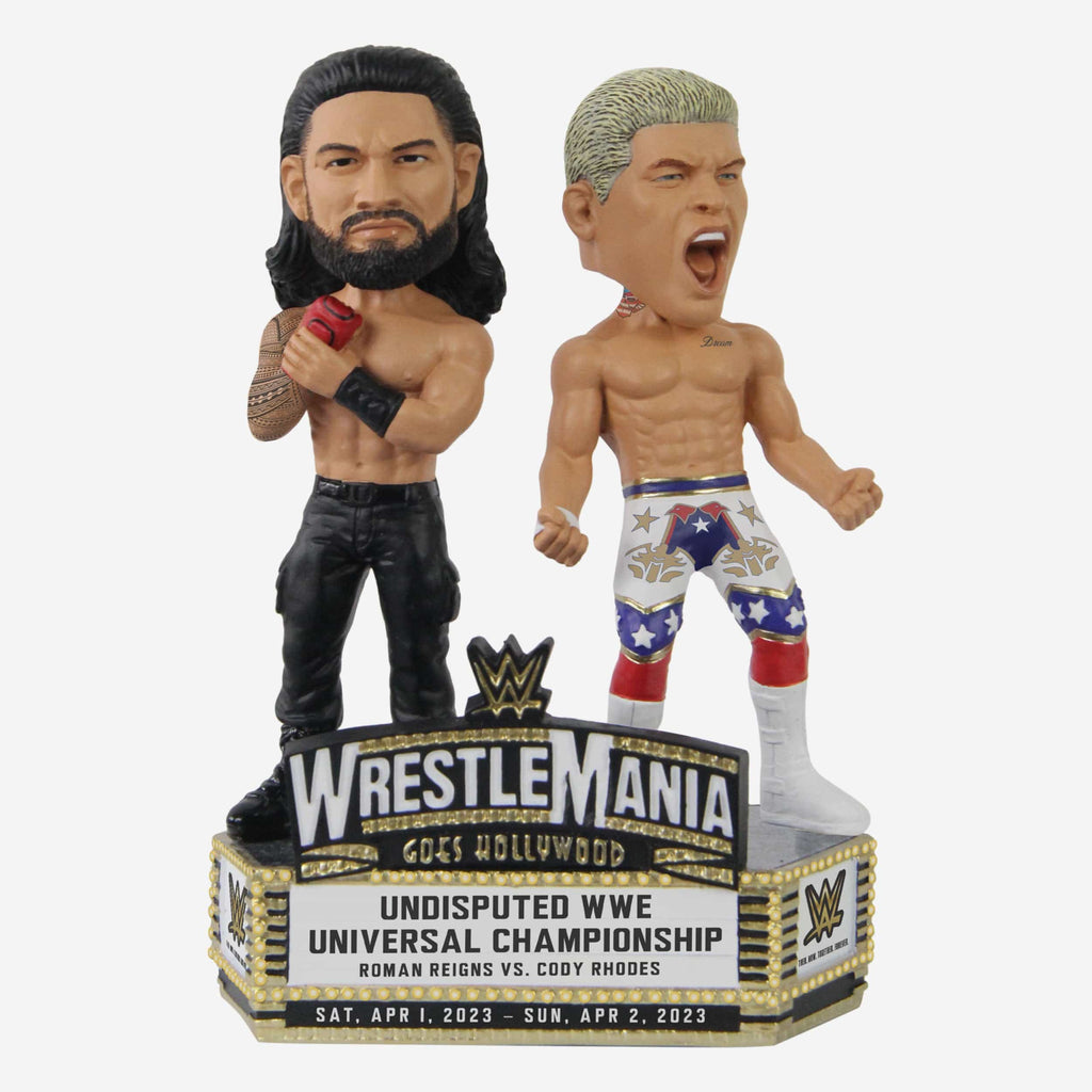 Roman Reigns & Cody Rhodes WWE WrestleMania 39 Undisputed WWE Universal Championship Mini Bobblehead Scene FOCO - FOCO.com