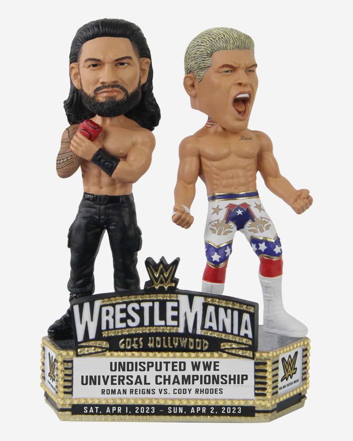 Roman Reigns & Cody Rhodes WWE WrestleMania 39 Undisputed WWE Universal Championship Mini Bobblehead Scene FOCO - FOCO.com
