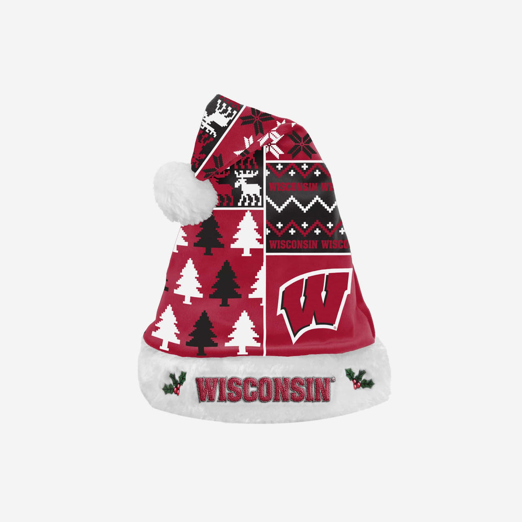 Wisconsin Badgers Busy Block Family Holiday Santa Hat FOCO - FOCO.com