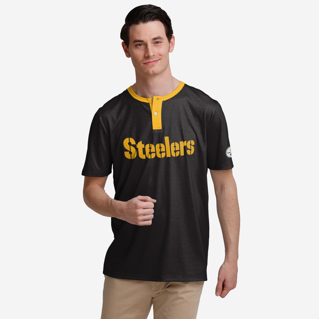 Pittsburgh Steelers Solid Wordmark Short Sleeve Henley FOCO S - FOCO.com