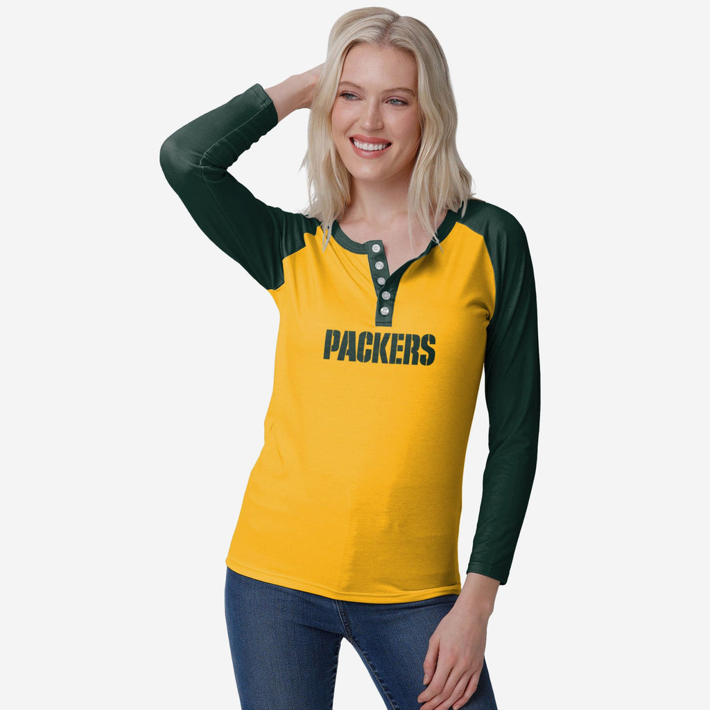 Green Bay Packers Womens Big Wordmark Long Sleeve Henley FOCO S - FOCO.com