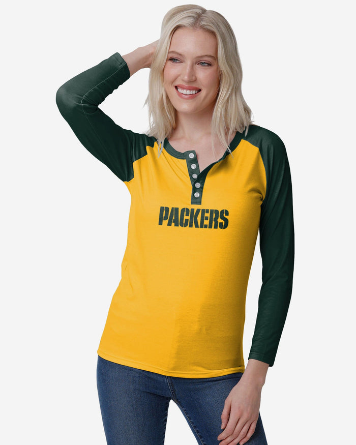 Green Bay Packers Womens Big Wordmark Long Sleeve Henley FOCO S - FOCO.com