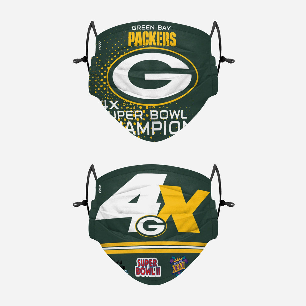 Green Bay Packers Thematic Champions Adjustable 2 Pack Face Cover FOCO - FOCO.com