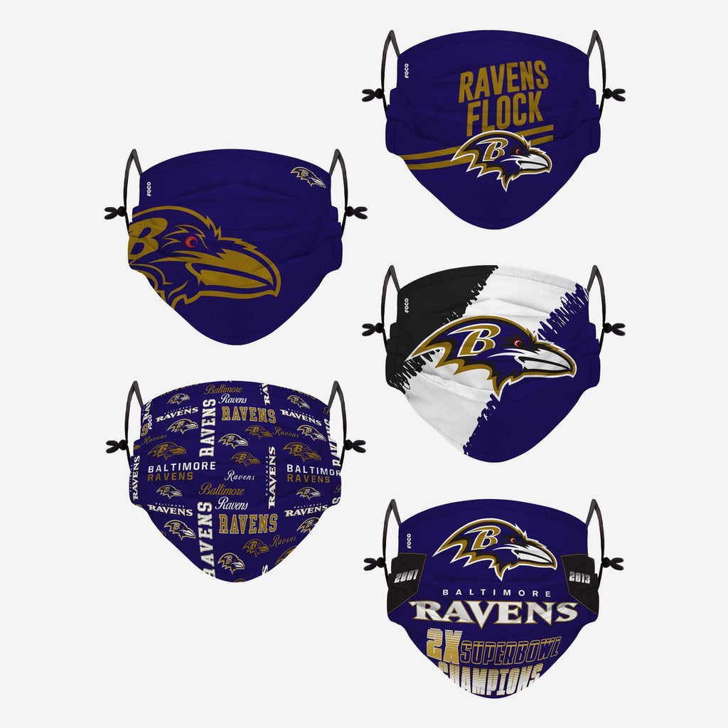 Baltimore Ravens Youth Rising Stars Adjustable 5 Pack Face Cover FOCO - FOCO.com