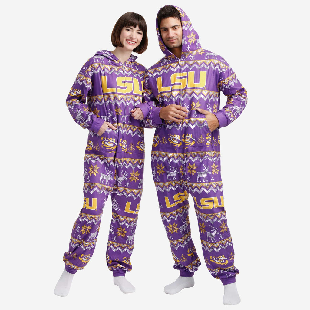 LSU Tigers Ugly Pattern One Piece Pajamas FOCO - FOCO.com