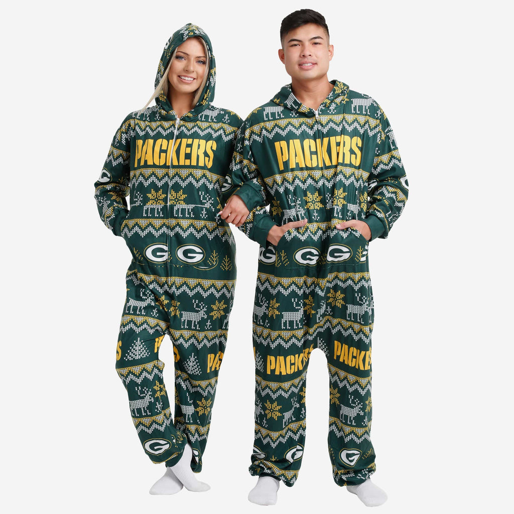 Green Bay Packers Ugly Pattern One Piece Pajamas FOCO - FOCO.com