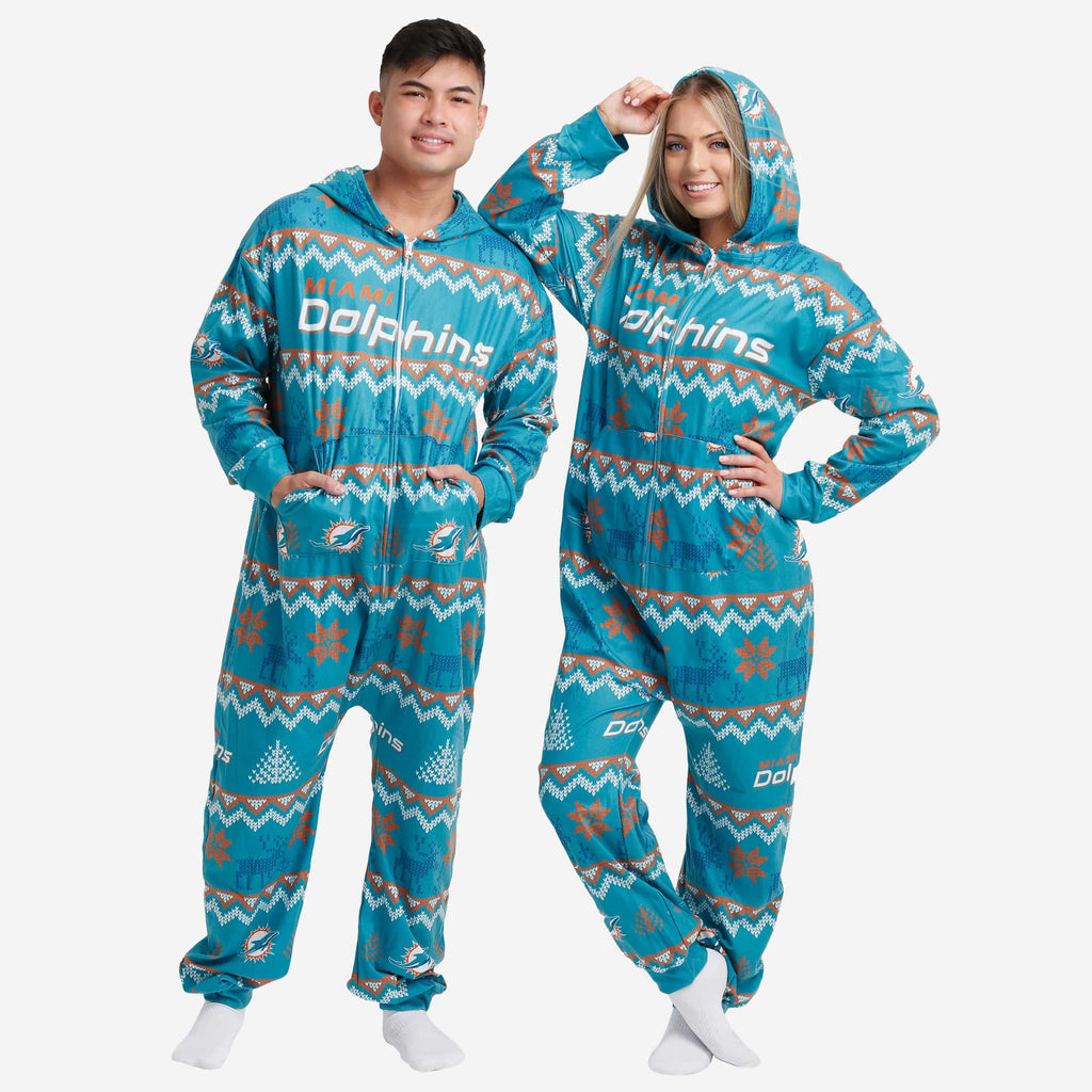 Miami Dolphins Ugly Pattern One Piece Pajamas FOCO - FOCO.com