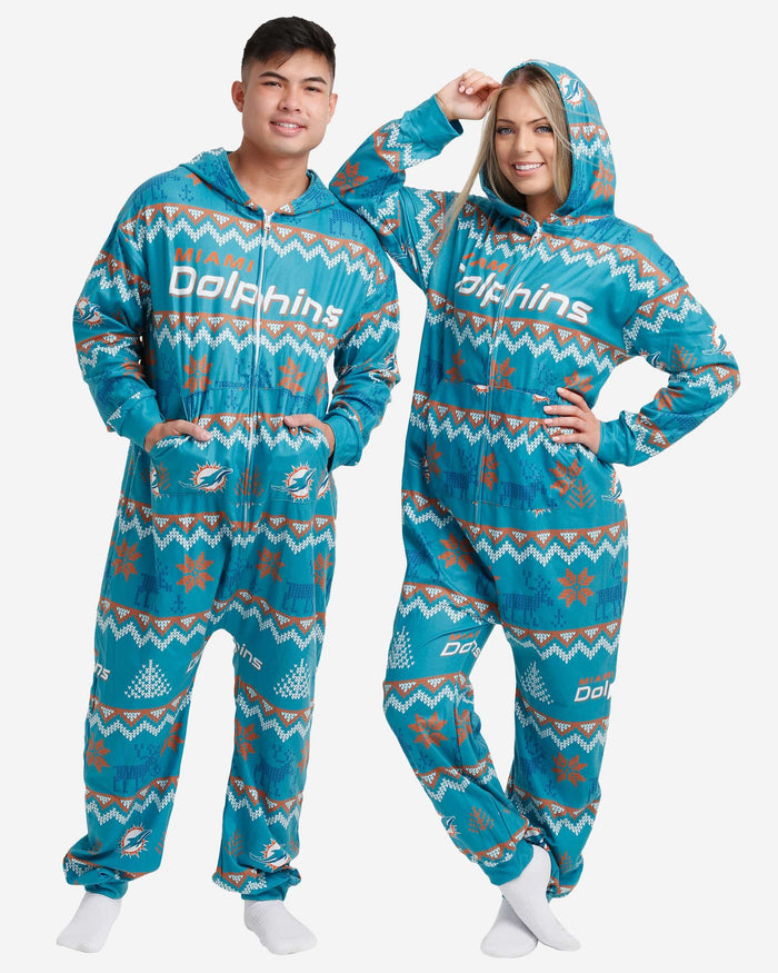 Miami Dolphins Ugly Pattern One Piece Pajamas FOCO - FOCO.com