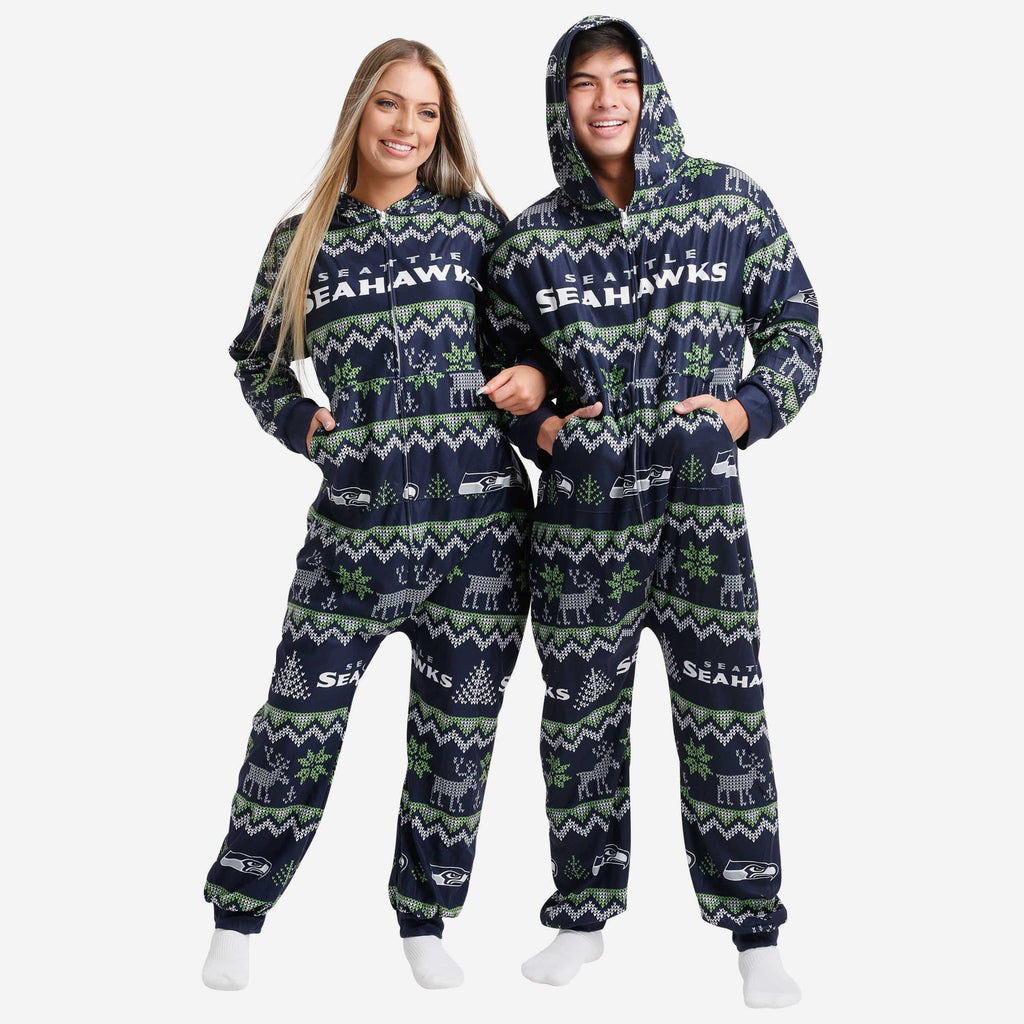 Seattle Seahawks Ugly Pattern One Piece Pajamas FOCO - FOCO.com