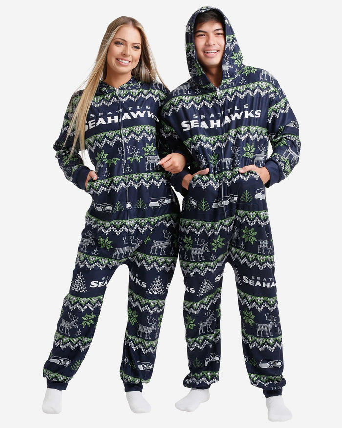 Seattle Seahawks Ugly Pattern One Piece Pajamas FOCO - FOCO.com