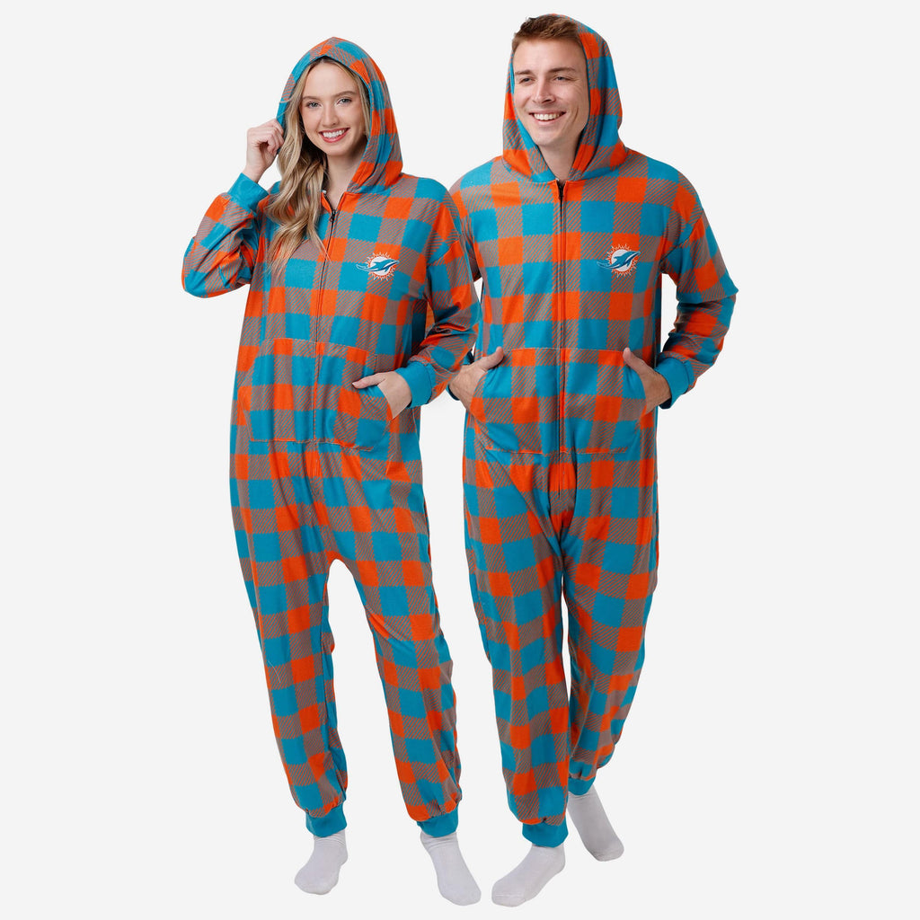 Miami Dolphins Plaid One Piece Pajamas FOCO S - FOCO.com