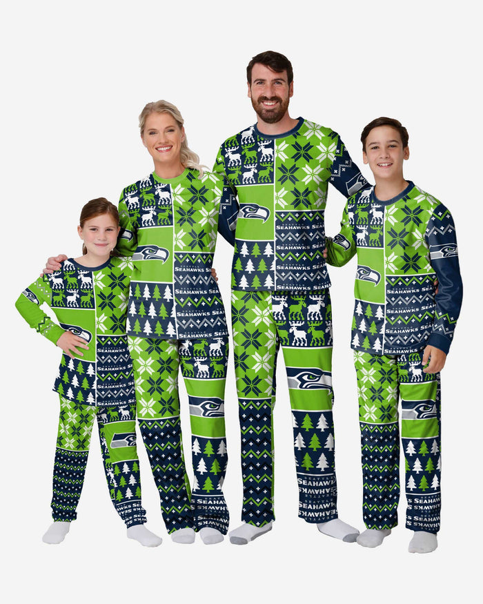 Seattle Seahawks Youth Busy Block Family Holiday Pajamas FOCO - FOCO.com
