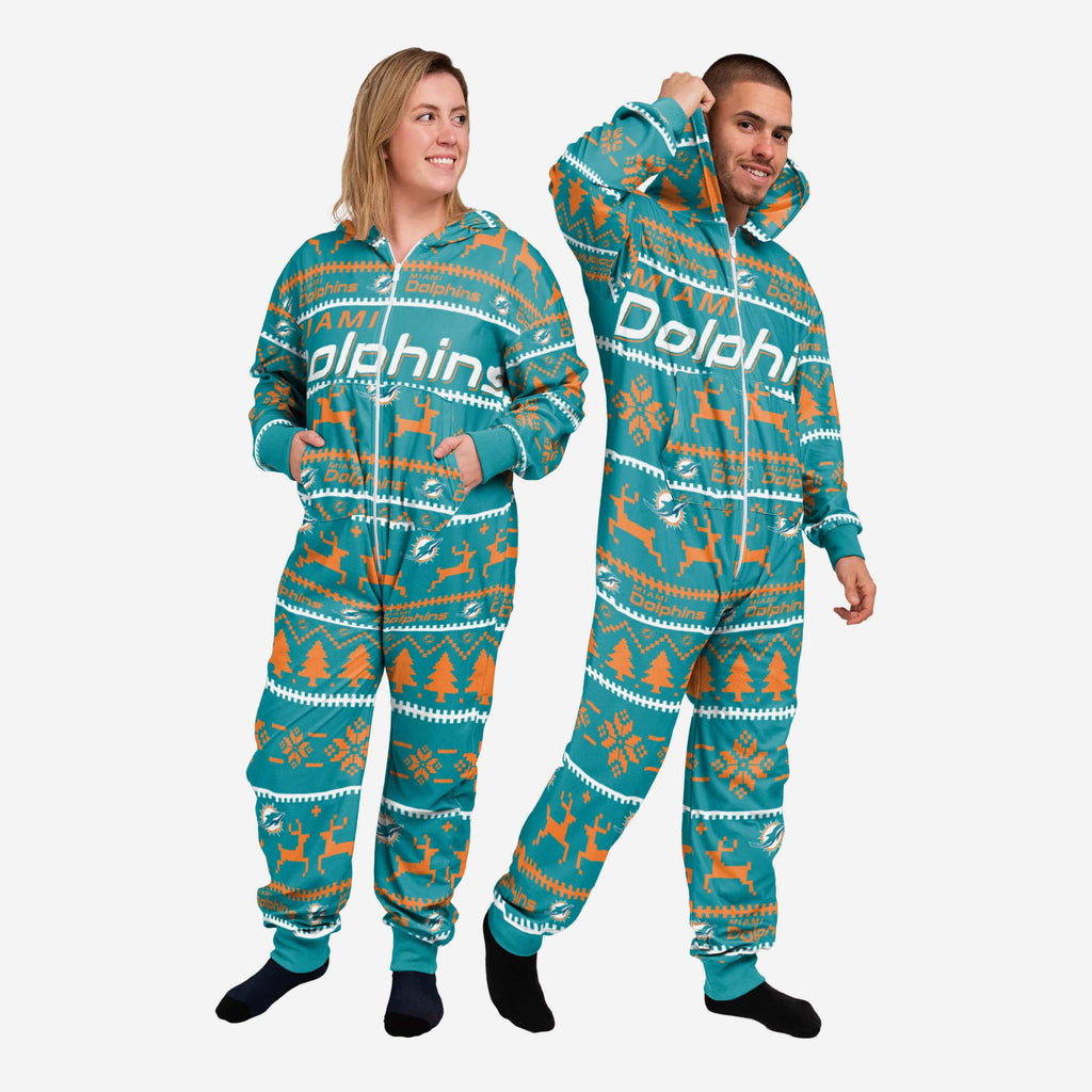 Miami Dolphins Holiday One Piece Pajamas FOCO XS - FOCO.com