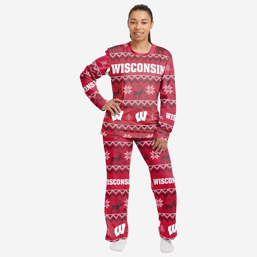 Wisconsin Badgers Womens Ugly Pattern Family Holiday Pajamas FOCO S - FOCO.com